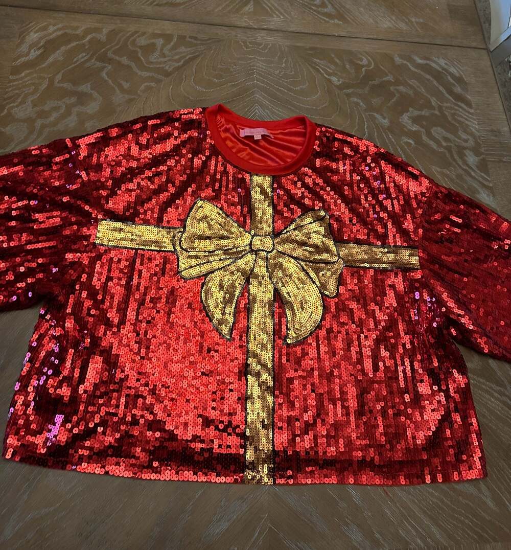 Simply Southern Sequin Holiday Christmas Bow Top Ugly Sweater XXL